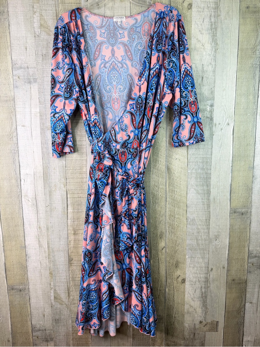 Kiyonna 1X Pink & Blue Paisley Short Sleeve Wrap Dress w/Asymmetrical Ruffle Hem